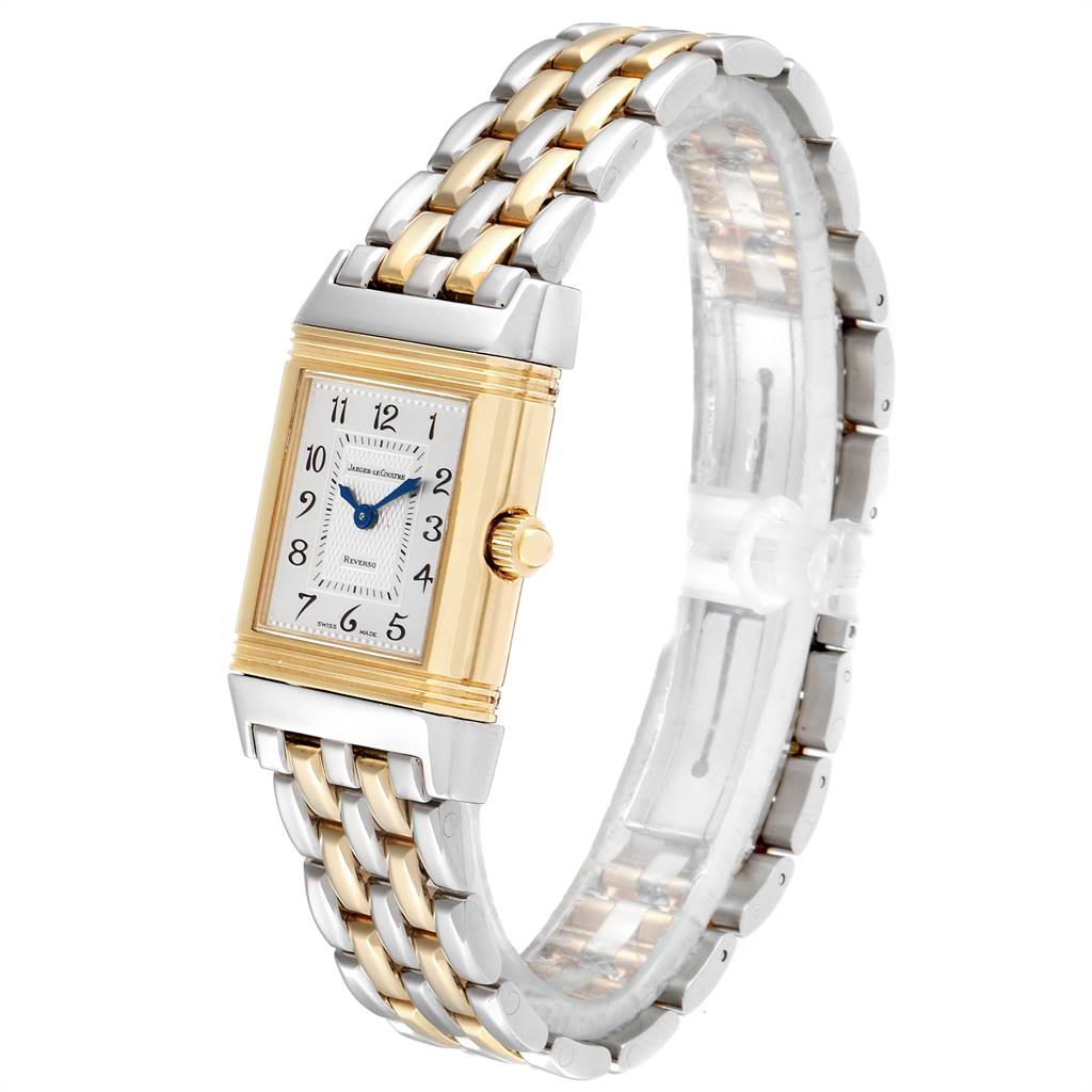 The image shows a Jaeger LeCoultre Reverso Q266511F Women's Steel and Gold (two tone) Mother of Pearl Dial Q266511F Women's Steel and Gold (two tone) Mother of Pearl Dial watch with a two-tone gold and silver case and a bracelet, viewed from an angled side perspective.