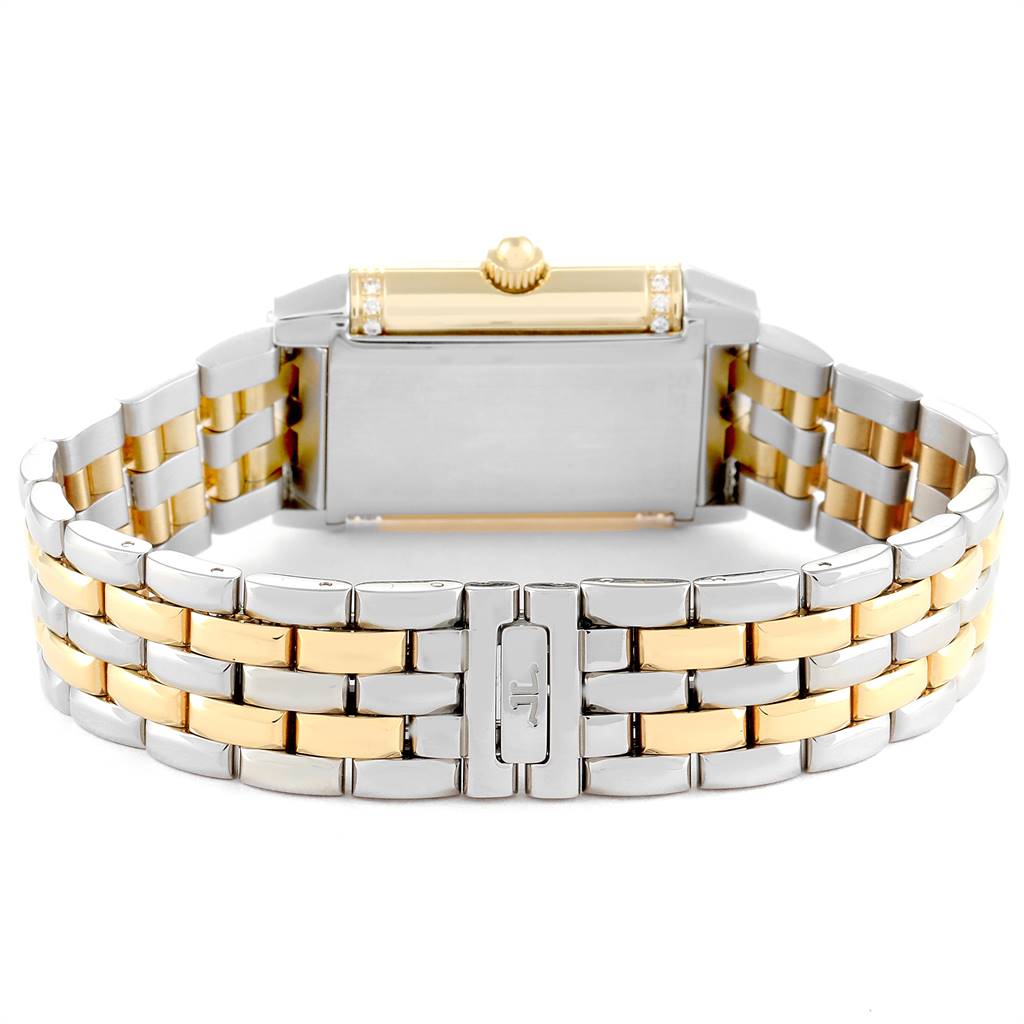The image shows the back view of the Jaeger LeCoultre Reverso Q266511F Women's Steel and Gold (two tone) Mother of Pearl Dial Q266511F Women's Steel and Gold (two tone) Mother of Pearl Dial watch with a two-tone metal bracelet.