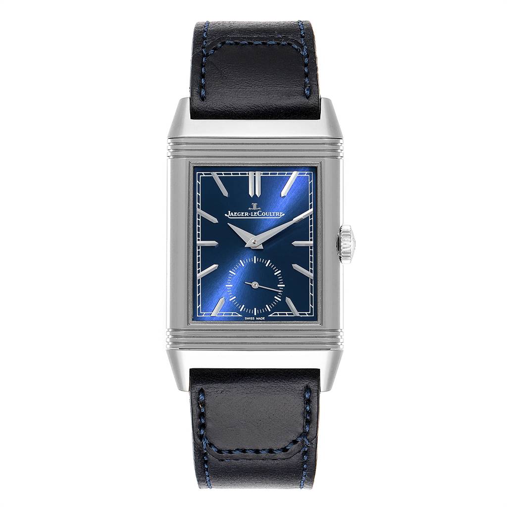 The image shows a front view of a Jaeger LeCoultre Reverso Q3978480 Men's Stainless Steel Blue Dial Q3978480 Men's Stainless Steel Blue Dial watch, displaying its blue dial, rectangular case, and black leather strap.