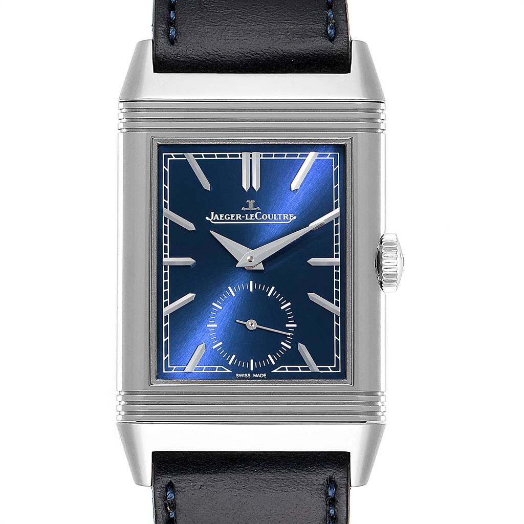 Front view of the Jaeger-LeCoultre Reverso watch showing the dial, bezel, crown, and part of the strap.