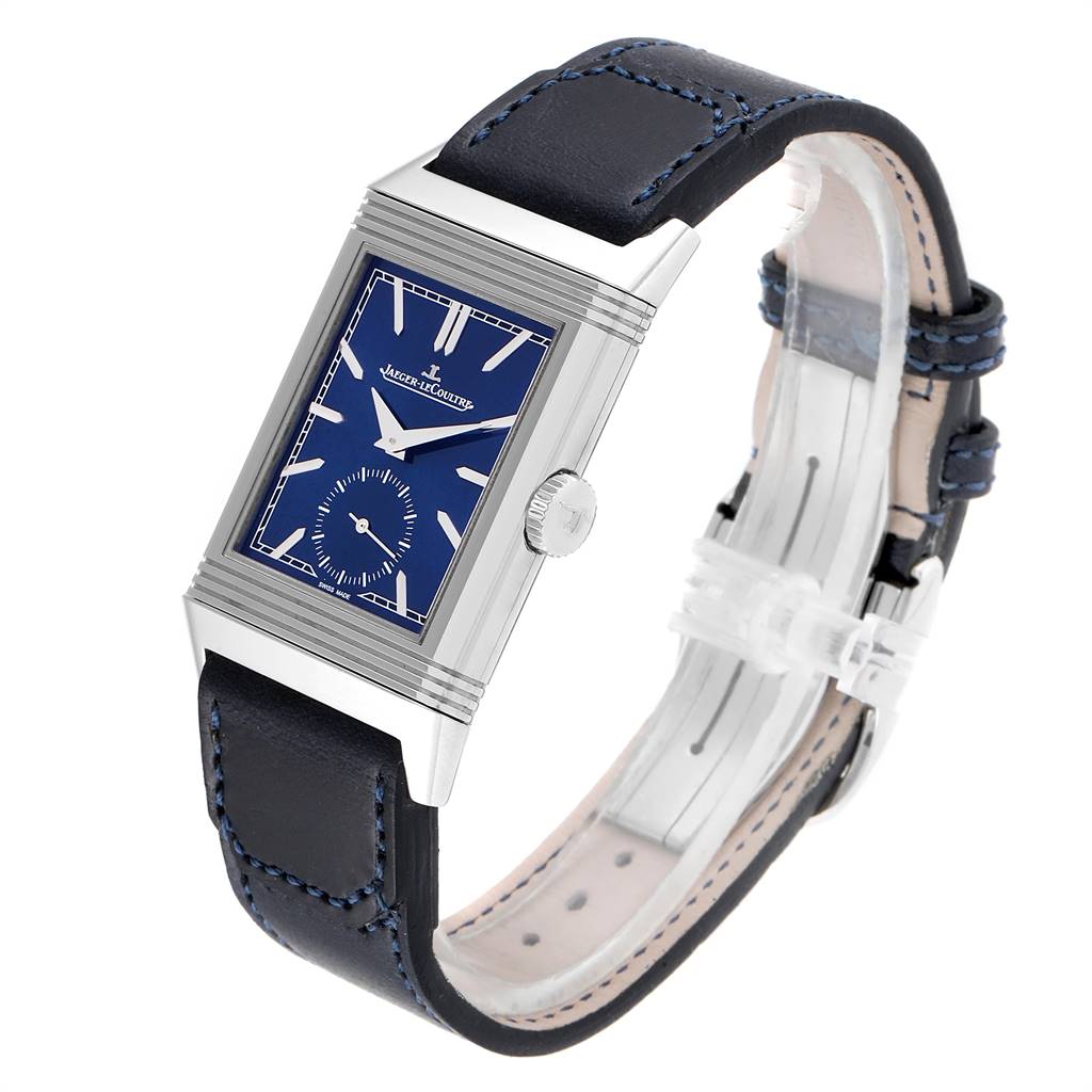 The image shows a Jaeger LeCoultre Reverso Q3978480 Men's Stainless Steel Blue Dial Q3978480 Men's Stainless Steel Blue Dial watch angled slightly to the side, displaying its rectangular face and leather strap.