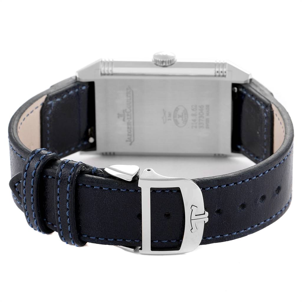 This image shows the back of the Jaeger-LeCoultre Reverso model watch, including the watch case, crown, and leather strap with a buckle.