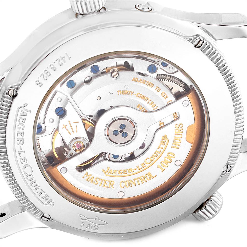 The image shows the back of a Jaeger-LeCoultre Master model watch, highlighting its movement and rotor.