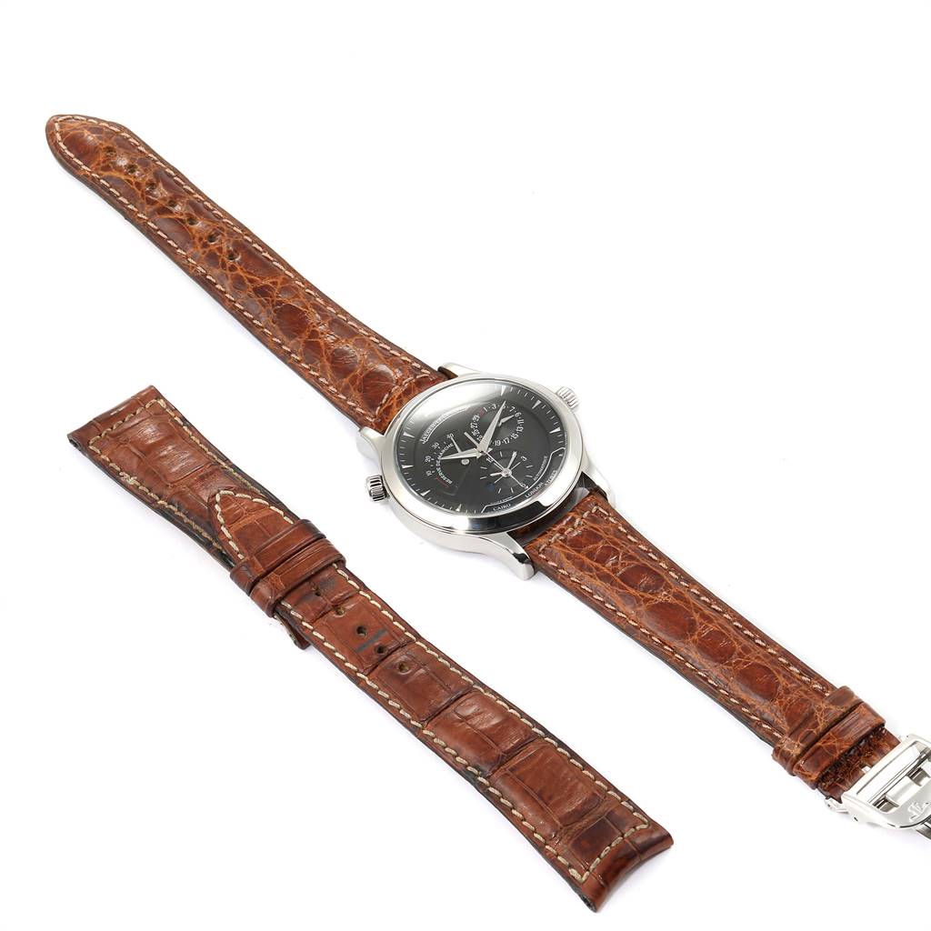 The image shows a Jaeger-LeCoultre Master watch with a brown leather strap, alongside an additional brown leather strap piece.