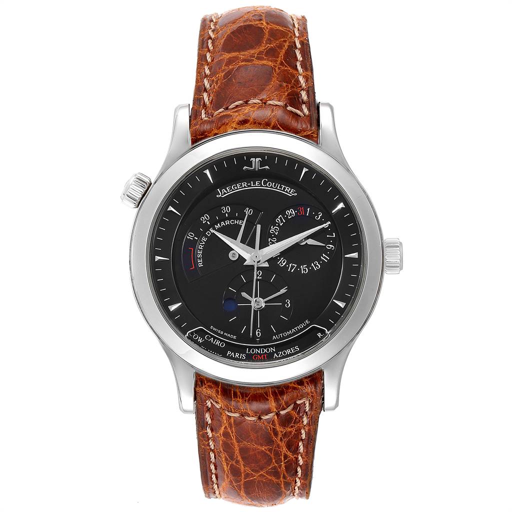 The image shows a front view of the Jaeger-LeCoultre Master watch with a brown leather strap and a black dial.