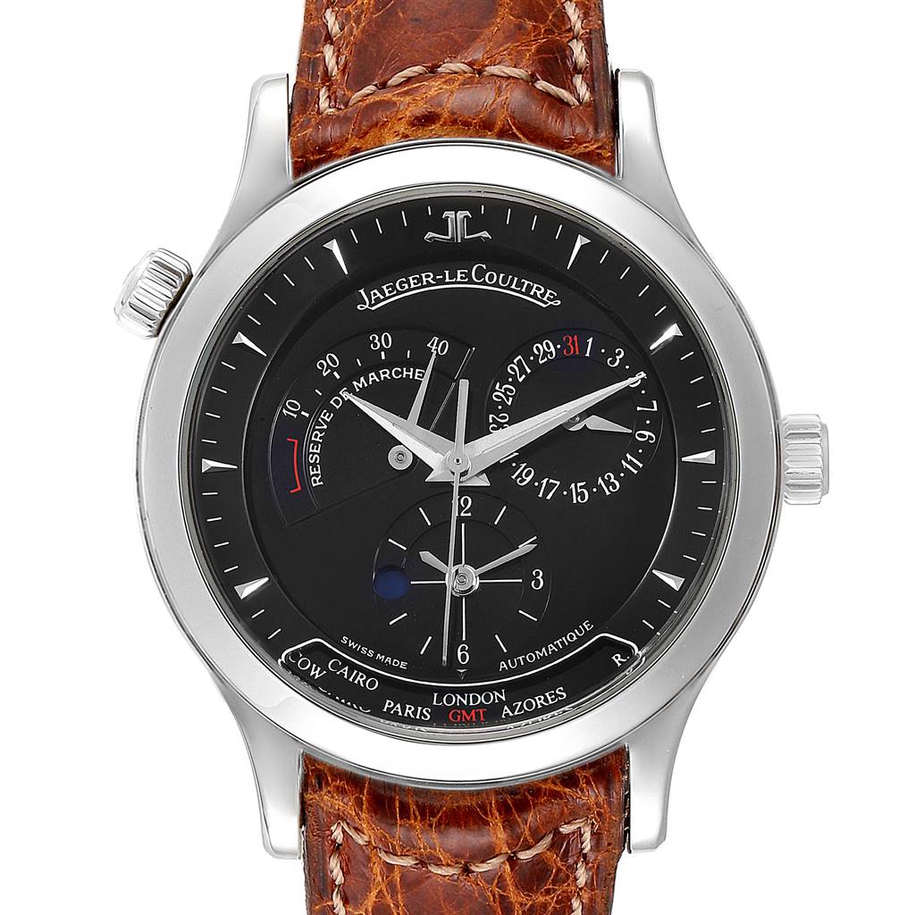 The Jaeger-LeCoultre Master model watch is shown from a frontal angle, displaying its black dial, subdials, and brown leather strap.