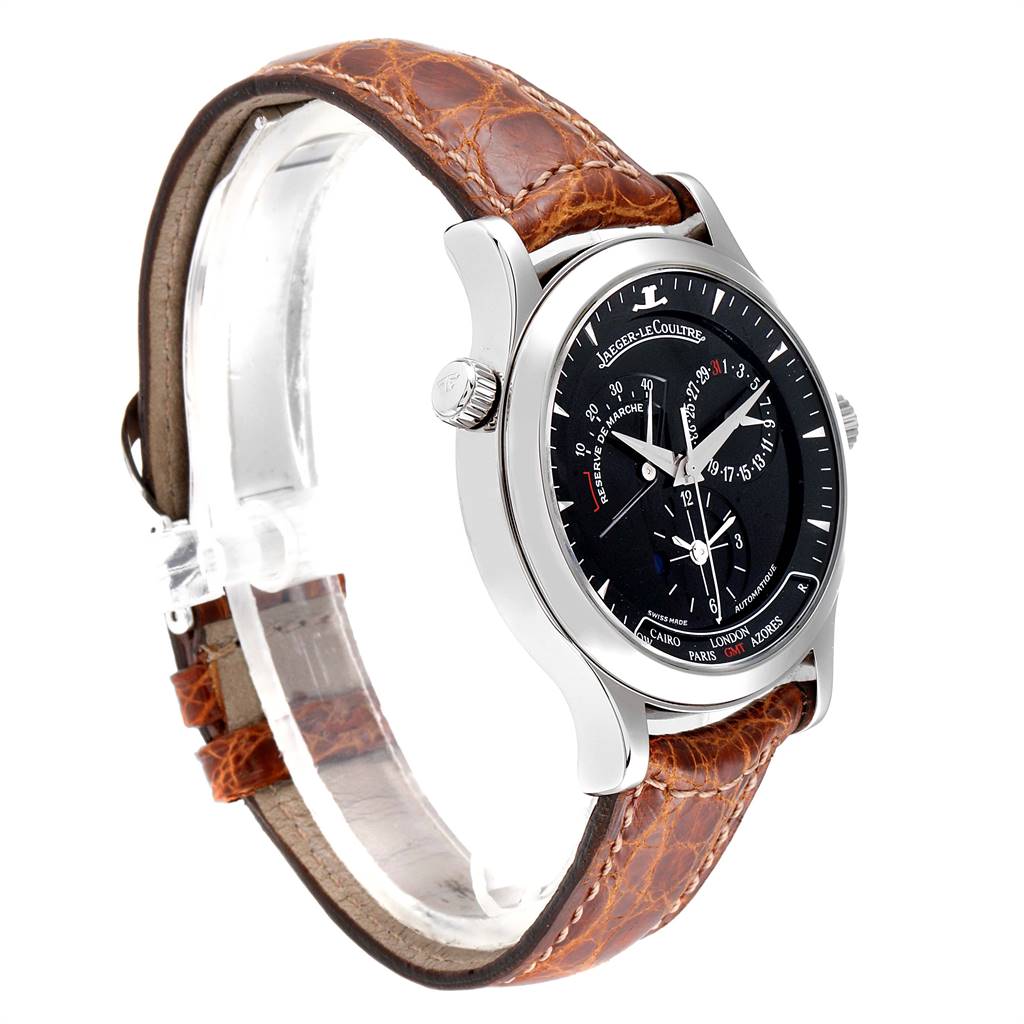 The image shows a side angle of the Jaeger LeCoultre Master Q1428470 Men's Stainless Steel Black Dial Q1428470 Men's Stainless Steel Black Dial model watch with a brown leather strap and black dial.