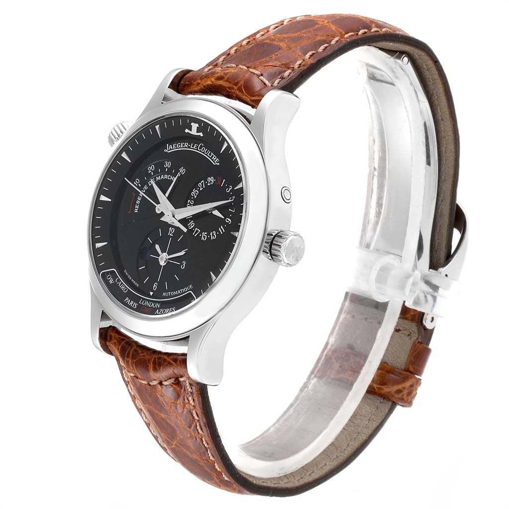 The image shows a Jaeger-LeCoultre Master watch from a 3/4 angle, highlighting its black dial, stainless steel case, and brown leather strap.