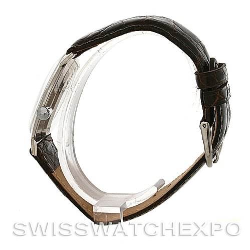 The image shows a side view of a Vintage Jaeger LeCoultre watch, highlighting its case, buckle, and leather strap.