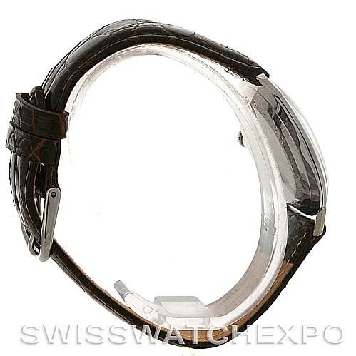 The image shows a side view of a Vintage Jaeger LeCoultre watch, highlighting the case, strap, and buckle.