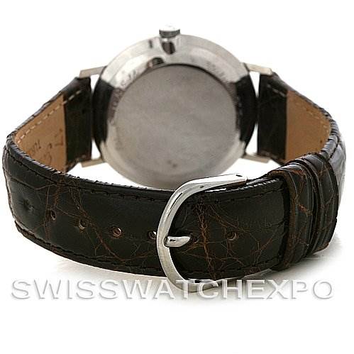 This image shows the back case and leather strap of a Vintage Jaeger LeCoultre watch, viewed from the rear.