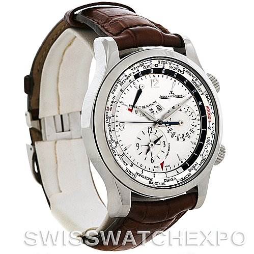 The image displays a Jaeger LeCoultre Master 146.8.32.S Men's Stainless Steel Silver Dial 146.8.32.S Men's Stainless Steel Silver Dial model watch at a three-quarter angle from the front, showing the dial, case, and leather strap.