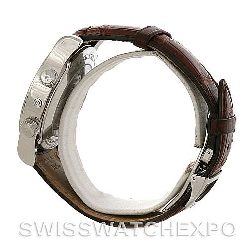 The image shows a side profile of the Jaeger-LeCoultre Master model watch featuring its case, crown, pushers, and brown leather strap.