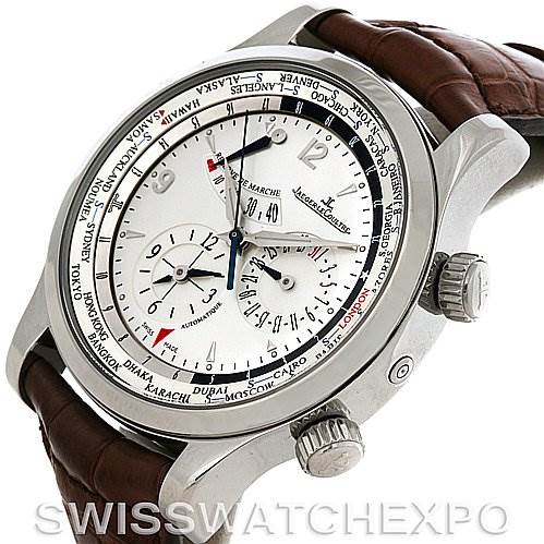 This image shows a Jaeger LeCoultre Master 146.8.32.S Men's Stainless Steel Silver Dial 146.8.32.S Men's Stainless Steel Silver Dial watch from an oblique angle, highlighting the face, bezel, crown, and leather strap.