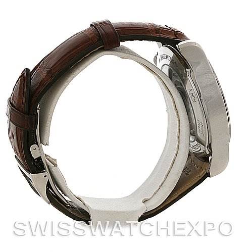 The image shows a side view of the Jaeger-LeCoultre Master watch, highlighting the leather strap and part of the watch's back.