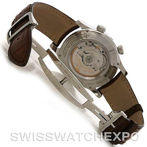 The image shows the back view of a Jaeger LeCoultre Master 146.8.32.S Men's Stainless Steel Silver Dial 146.8.32.S Men's Stainless Steel Silver Dial model watch with its movement visible and an open leather strap.