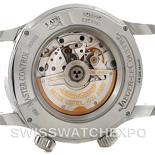 The image displays the back view of a Jaeger LeCoultre Master 146.8.32.S Men's Stainless Steel Silver Dial 146.8.32.S Men's Stainless Steel Silver Dial Control watch, showcasing its internal mechanics and engravings.