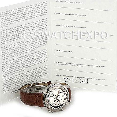 The image shows a Jaeger LeCoultre Master 146.8.32.S Men's Stainless Steel Silver Dial 146.8.32.S Men's Stainless Steel Silver Dial model watch with a brown leather strap, next to its open warranty card.
