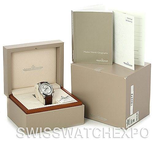 The image shows a Jaeger LeCoultre Master 146.8.32.S Men's Stainless Steel Silver Dial 146.8.32.S Men's Stainless Steel Silver Dial model watch in its box, along with its outer box and accompanying documentation.