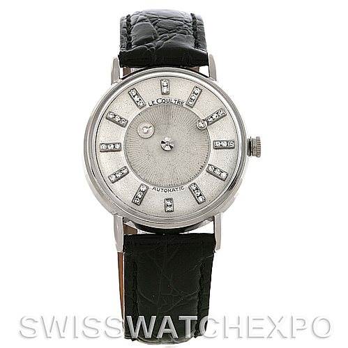 This Jaeger LeCoultre Vintage Men's White Gold Silver Dial Men's White Gold Silver Dial model watch is shown from the front, featuring its face, strap, and crown.
