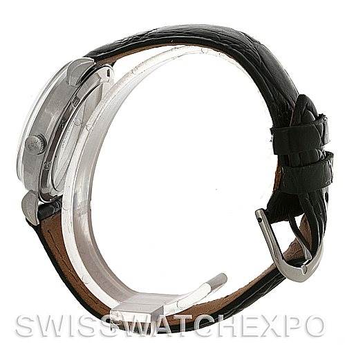 The image shows a side view of a Vintage Jaeger LeCoultre watch, highlighting the case, crown, and leather strap with a buckle.