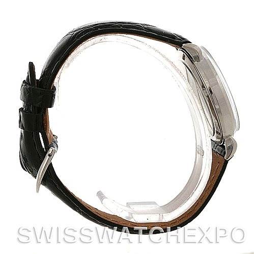 This image shows a side view of a Vintage Jaeger LeCoultre watch with a black leather strap.