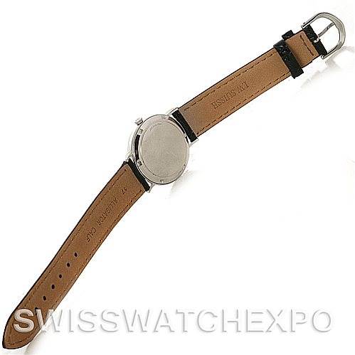 This image shows the back view of a Jaeger LeCoultre Vintage Men's White Gold Silver Dial Men's White Gold Silver Dial model watch, including the case back and leather strap.