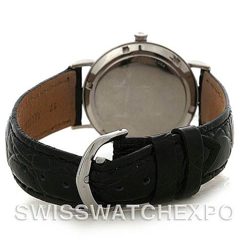 The image shows the back view of a Vintage Jaeger LeCoultre watch featuring a leather strap and a buckle.