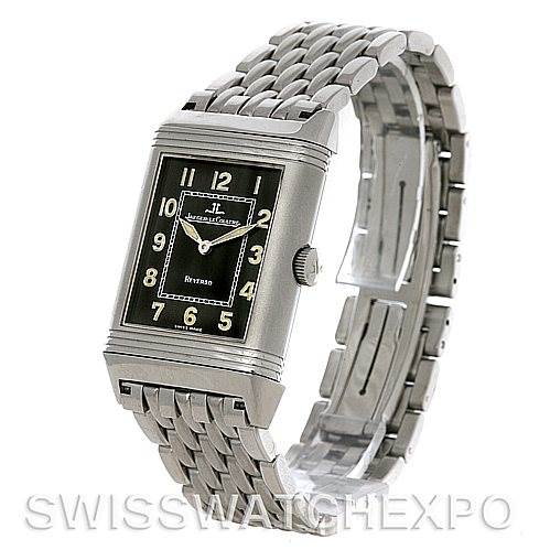 This image shows a Jaeger-LeCoultre Reverso model watch from a 3/4 angle, displaying its dial, crown, and metal bracelet.