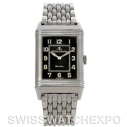 The image shows a front view of the Jaeger-LeCoultre Reverso watch, highlighting the face, bezel, and stainless steel bracelet.