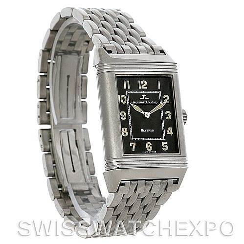 The image shows a Jaeger LeCoultre Reverso 271.8.61 Men
s Stainless Steel Grey Dial 271.8.61 Men
s Stainless Steel Grey Dial watch at a slight angle, highlighting its rectangular case, dial, and metal bracelet.