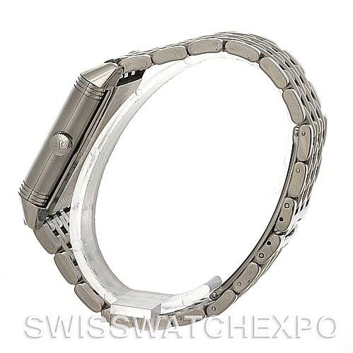 The image shows a Jaeger LeCoultre Reverso 271.8.61 Men
s Stainless Steel Grey Dial 271.8.61 Men
s Stainless Steel Grey Dial watch from a side angle, highlighting its rectangular case and metal bracelet.