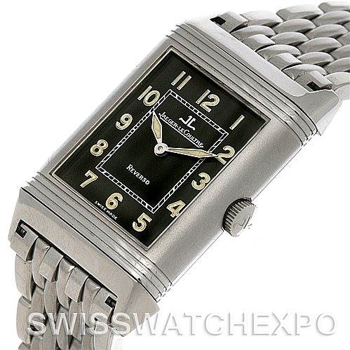 This image shows a Jaeger LeCoultre Reverso 271.8.61 Men
s Stainless Steel Grey Dial 271.8.61 Men
s Stainless Steel Grey Dial watch from an angled perspective, highlighting its face, bezel, crown, and bracelet.