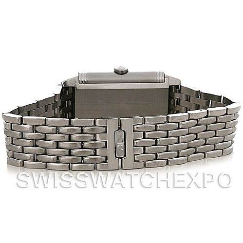 The image shows the back view of a Jaeger LeCoultre Reverso 271.8.61 Men
s Stainless Steel Grey Dial 271.8.61 Men
s Stainless Steel Grey Dial watch, highlighting the metal bracelet and clasp.
