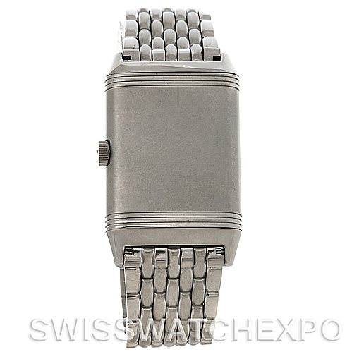 This image shows a front view of a Jaeger LeCoultre Reverso 271.8.61 Men
s Stainless Steel Grey Dial 271.8.61 Men
s Stainless Steel Grey Dial watch, featuring its stainless steel case and metal bracelet.