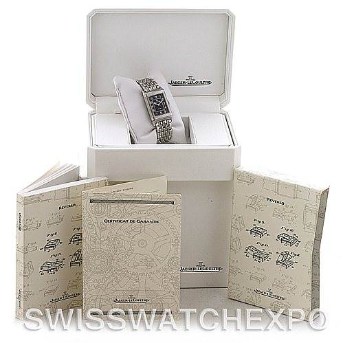 This image shows a Jaeger LeCoultre Reverso 271.8.61 Men
s Stainless Steel Grey Dial 271.8.61 Men
s Stainless Steel Grey Dial watch in its open box with accompanying certificates and booklets displayed in front.