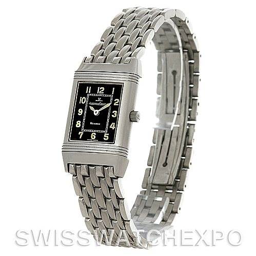 This image shows a front view of a Jaeger-LeCoultre Reverso watch with a metal bracelet strap and black dial.