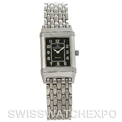 This image shows a front view of the Jaeger-LeCoultre Reverso watch, highlighting its rectangular face and stainless steel bracelet.