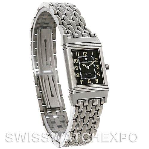 This image shows a front angle view of a Jaeger LeCoultre Reverso 261.8.86 Women's Stainless Steel Grey Dial 261.8.86 Women's Stainless Steel Grey Dial watch, displaying its face, crown, and metal bracelet.