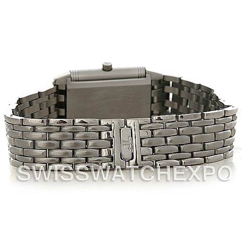 This image shows the back and clasp of a Jaeger LeCoultre Reverso 261.8.86 Women's Stainless Steel Grey Dial 261.8.86 Women's Stainless Steel Grey Dial watch at a low angle.