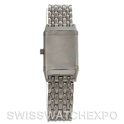 The image shows a front view of the Jaeger LeCoultre Reverso 261.8.86 Women's Stainless Steel Grey Dial 261.8.86 Women's Stainless Steel Grey Dial watch with its blank backside  and linked metal bracelet.
