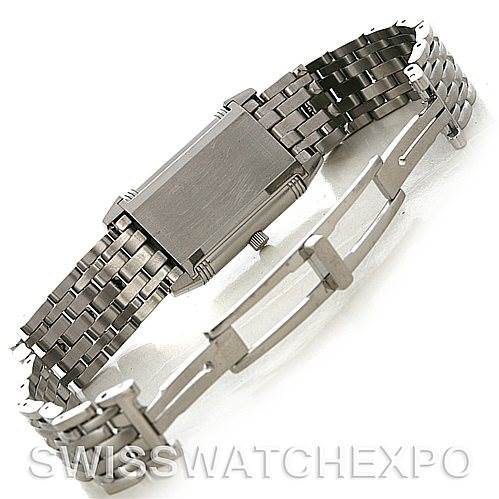 This image shows the Jaeger-LeCoultre Reverso watch from the back and side angle, highlighting the bracelet and clasp.