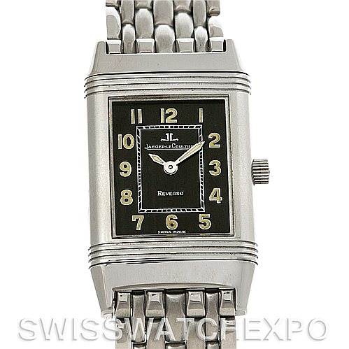 The image shows a front view of the Jaeger-LeCoultre Reverso watch, highlighting the dial, case, and part of the metal bracelet.