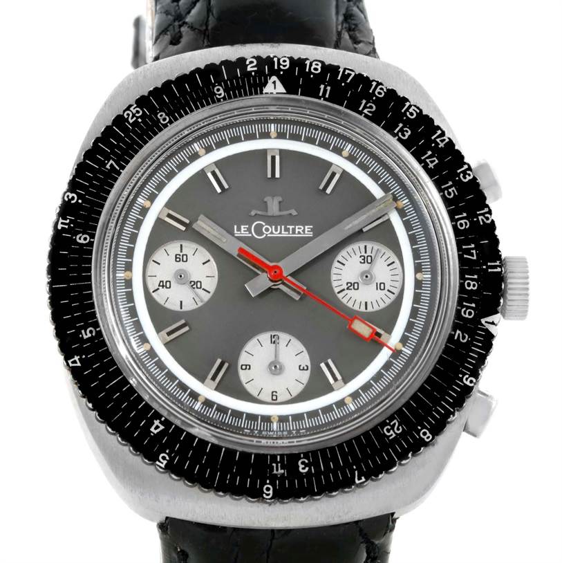 The image shows a front view of the vintage Jaeger LeCoultre watch, featuring its dial, subdials, hands, and bezel.