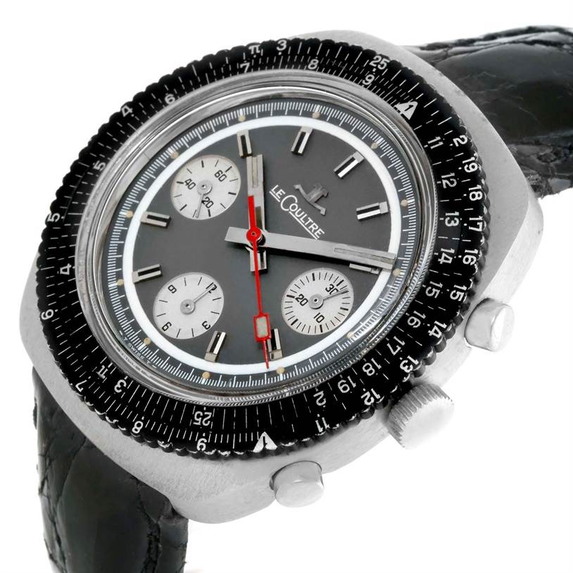 This image shows a Jaeger LeCoultre Vintage Men's Stainless Steel Grey Dial Men's Stainless Steel Grey Dial watch from a top-side angle, highlighting its bezels, dial, and chronograph subdials.