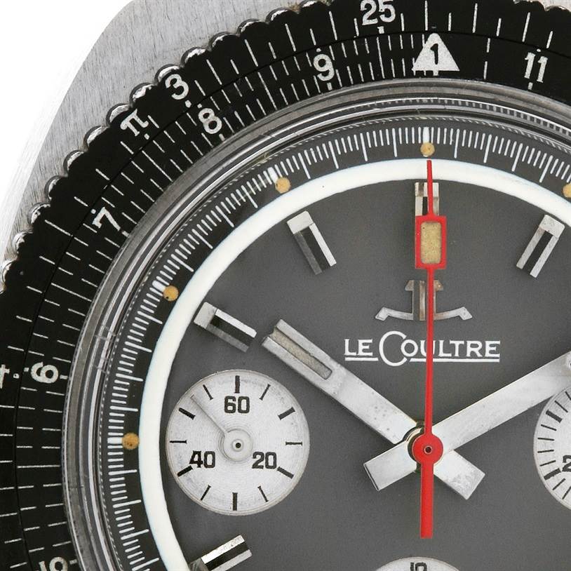 The image shows a close-up of the Jaeger LeCoultre Vintage Men's Stainless Steel Grey Dial Men's Stainless Steel Grey Dial watch face, including the dial, subdials, and part of the bezel.