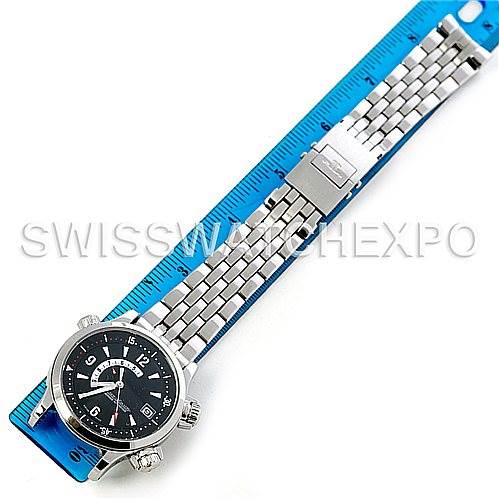 The image shows a top-down view of the Jaeger LeCoultre Master 146.8.97/1 Men's Stainless Steel Black Dial 146.8.97/1 Men's Stainless Steel Black Dial model watch with a metal bracelet and clasp.