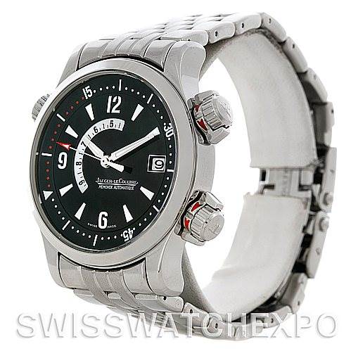 This Jaeger LeCoultre Master 146.8.97/1 Men's Stainless Steel Black Dial 146.8.97/1 Men's Stainless Steel Black Dial model watch is shown from an angled side view displaying the face, bezel, crown, and metal bracelet.