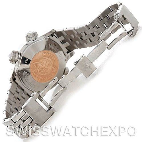 The angle shows the back of the Jaeger LeCoultre Master 146.8.97/1 Men's Stainless Steel Black Dial 146.8.97/1 Men's Stainless Steel Black Dial model watch, focusing on its open metal clasp and bracelet.