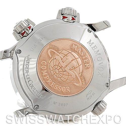 The image shows the case back of the Jaeger-LeCoultre Master Compressor Memovox watch, highlighting the engravings and logo.
